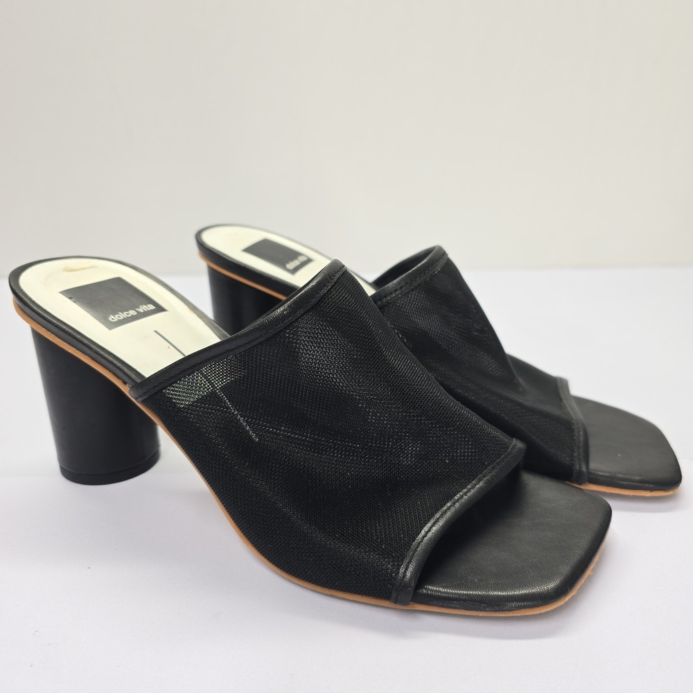 Dolce Vita Black Mesh Square‎ Toe Block Heel Slide Sandals Womens Size 8.5